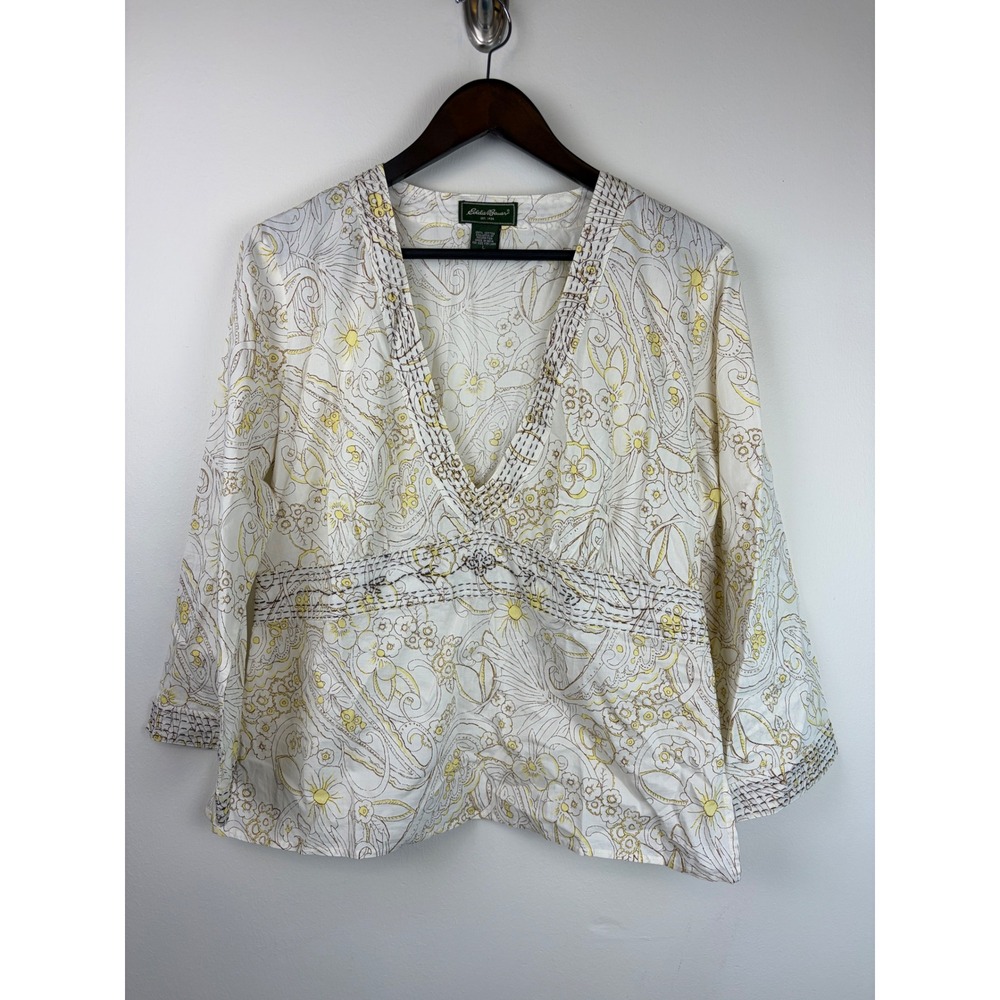 Vintage Eddie Bauer Blouse Large White Yellow Floral Paisley Boho Kantha Stitch